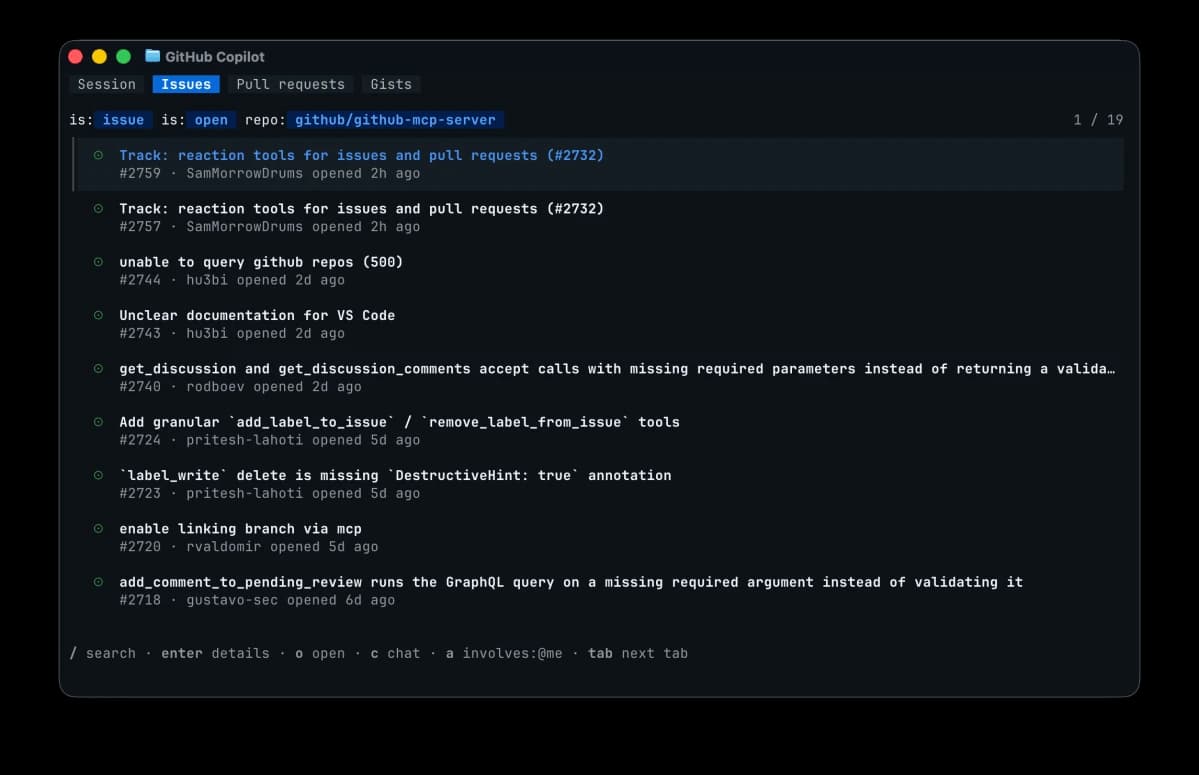 GitHub’s reference screenshot of Copilot CLI with its Issues tab open