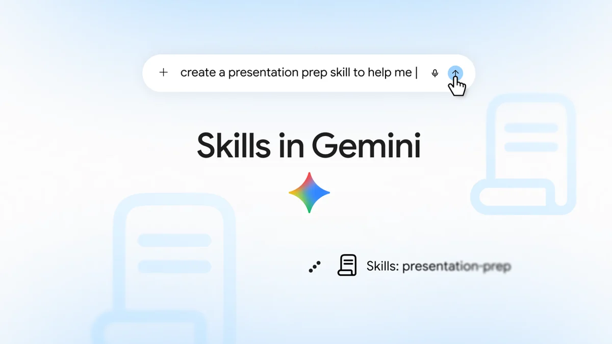 Google’s Gemini Skills artwork with a presentation-prep instruction and saved skill