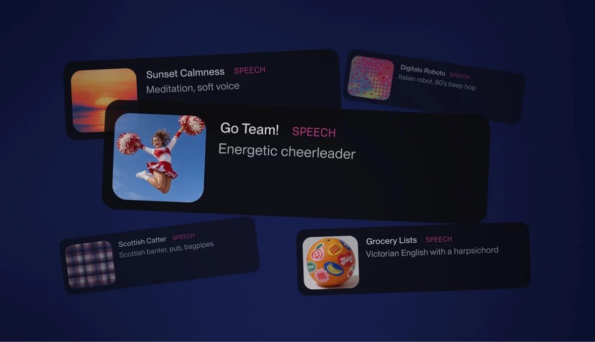 Suno’s official Speech beta artwork showing example voice and style directions