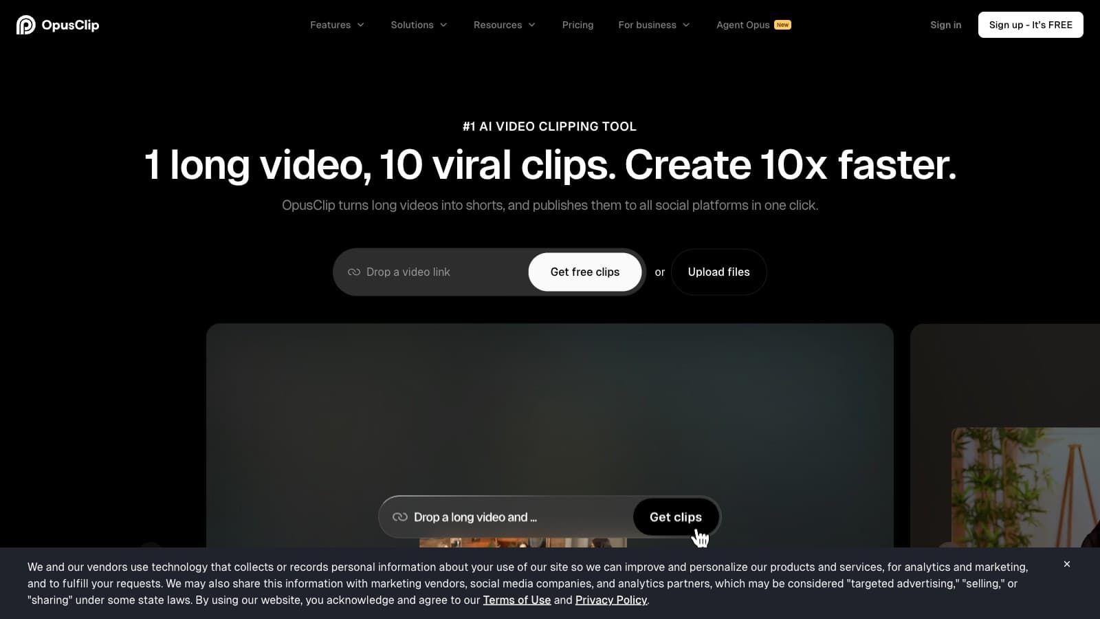 Opus Clip Review: Fastest auto-clipper, at the cost of a generic look landing page screenshot